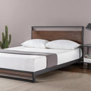 Metal and Wood Platform Bed Frame with Headboard